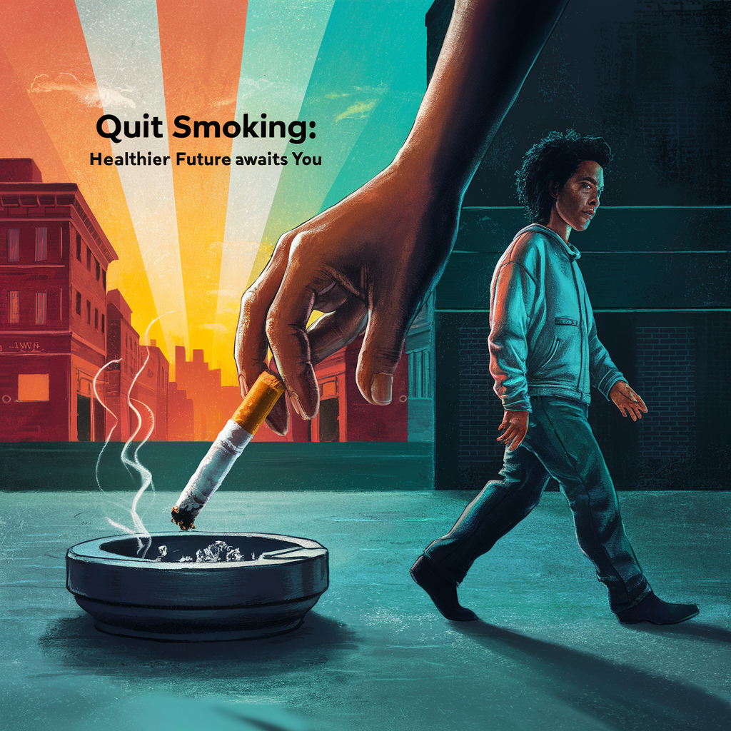 Quit smoking: a hand putting out a cigarette in an ashtray while a person walks toward a brighter street.